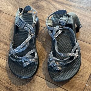 Chaco Black and Gray Sandals with Orange Accents
